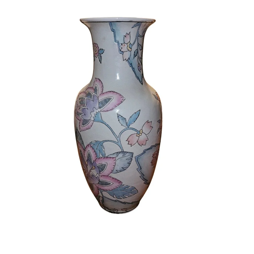 Vintage 1980s WBI Chinese Porcelain Floral Vase Pink Blue 12 Inch Baluster